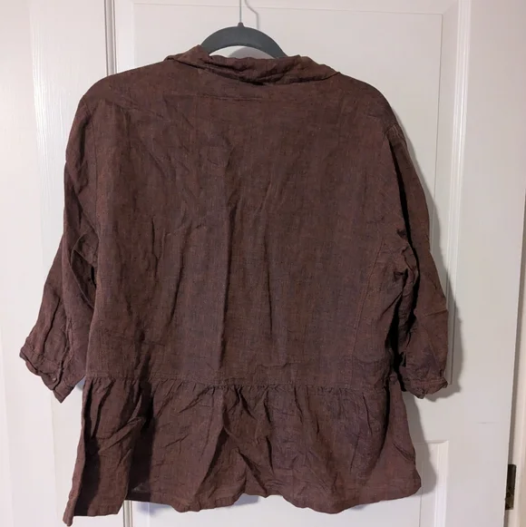 Poetry Brown Linen Peplum Button Down Top - Picture 2 of 10